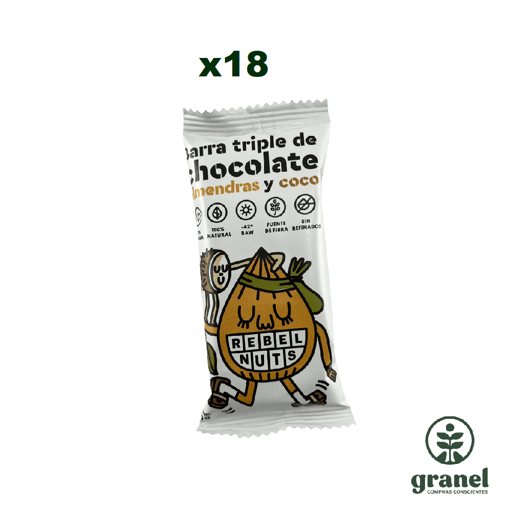 [Por encargue, plazo hasta 7 días] Barra triple de chocolate almendras y coco Rebel Nuts 40g. Caja de 18 u