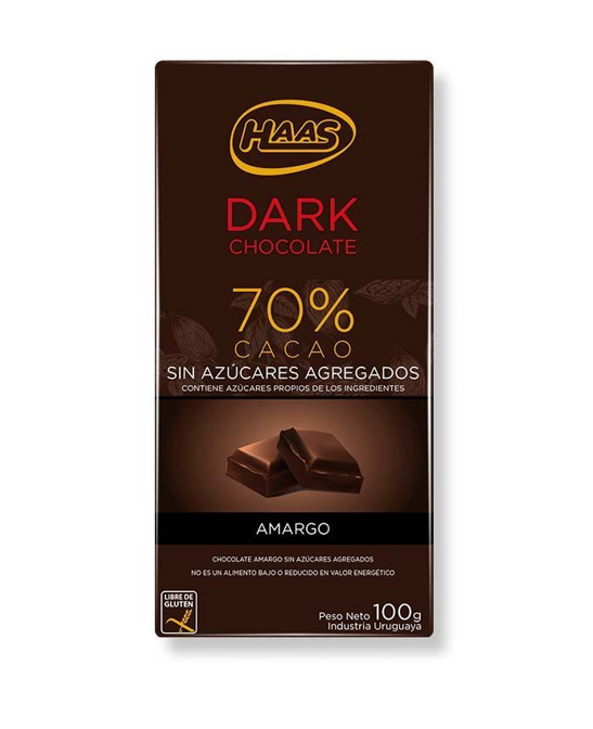 Chocolate amargo 70% dark sin azúcar Haas 100g