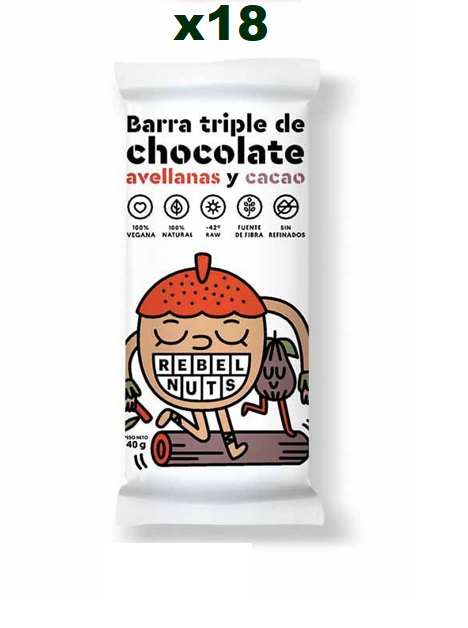 [Por encargue, plazo hasta 7 días] Barra triple de chocolate avellanas y cacao Rebel Nuts 40g. Caja de 18 U